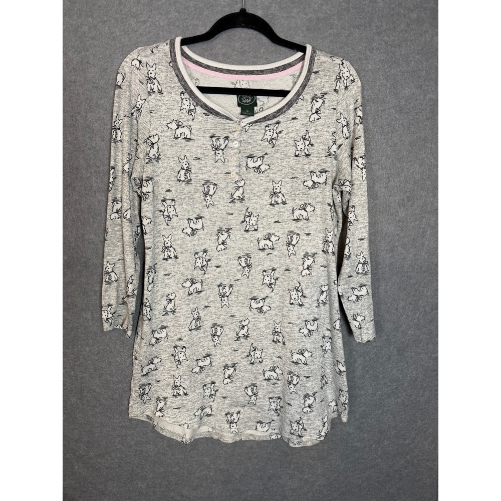 Laura Ashley Sleep Shirt Large Gray Scottie Dog Henley Pajama Top Grandmacore
